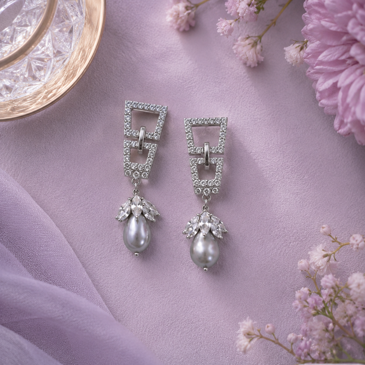 925 Sterling Silver Swarovski Danglers With A Fresh Water Grey Pearl Drop