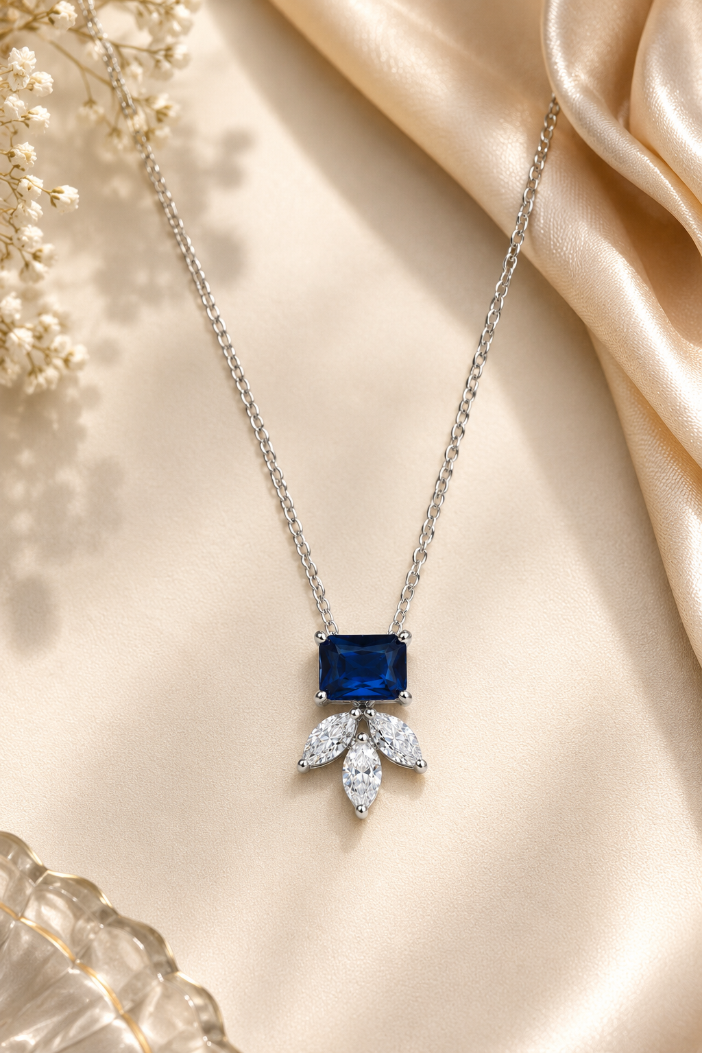 925 Sterling Silver Swarovski Sapphire Crystal Chain Pendant