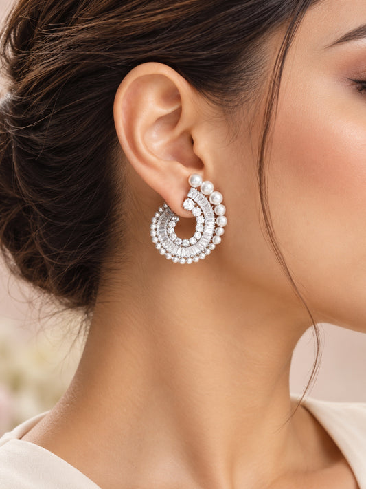 925 Sterling Silver Swarovski Pearl Hoops In Rhodium Finish